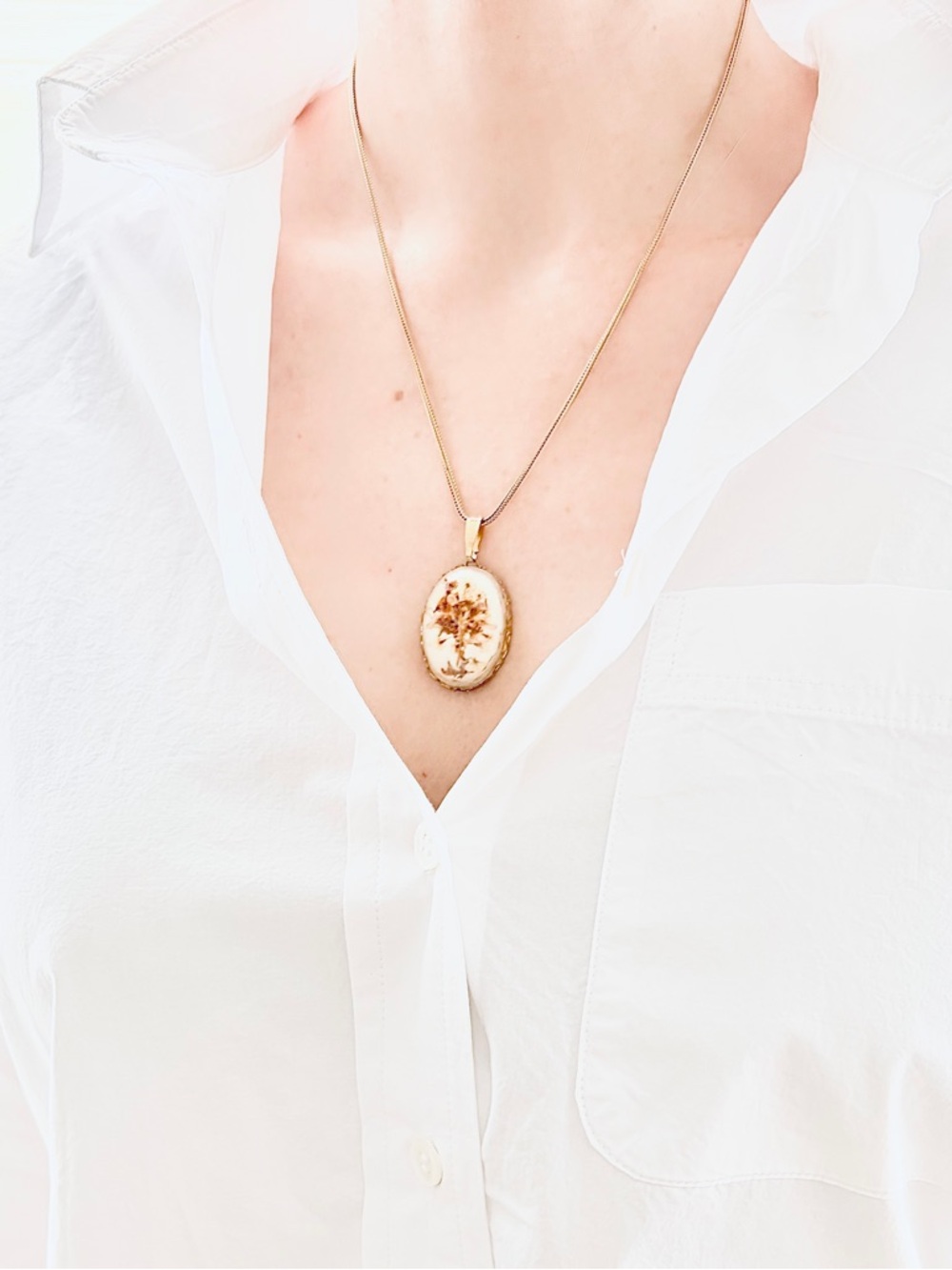 Vintage Brass Pressed Botanical Pendant Necklace (1960s)